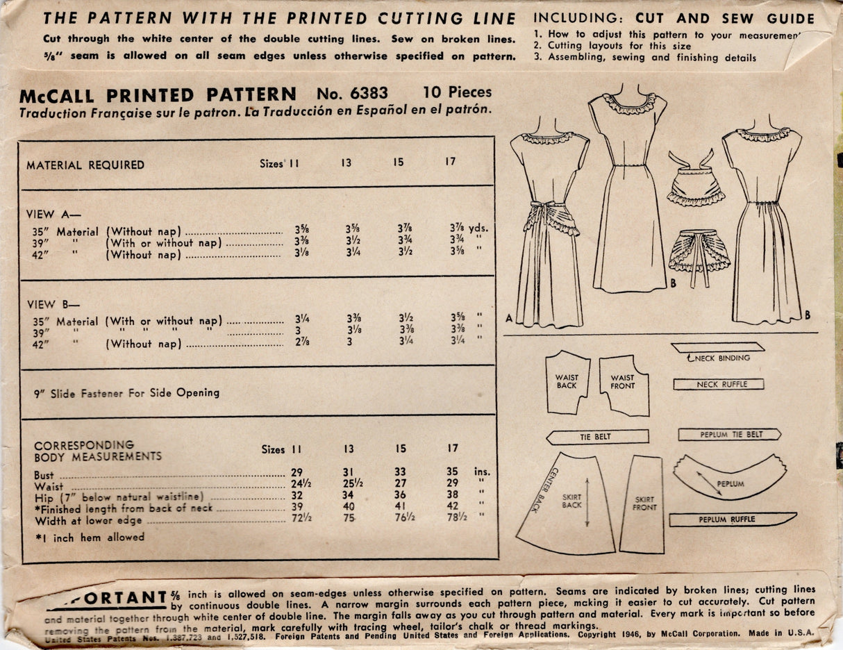 1940's McCall Dress Pattern with Tie-on Peplum - Bust 31" - No. 6383