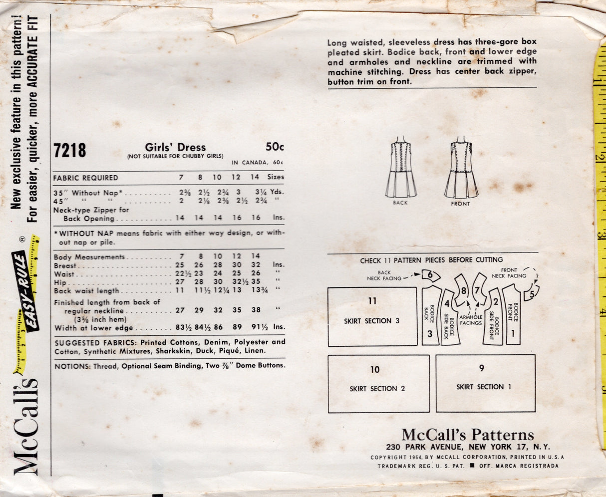 1960's McCall's by Helen Lee Child's Drop Waisted Dress Pattern - Chest 28" - No. 7218