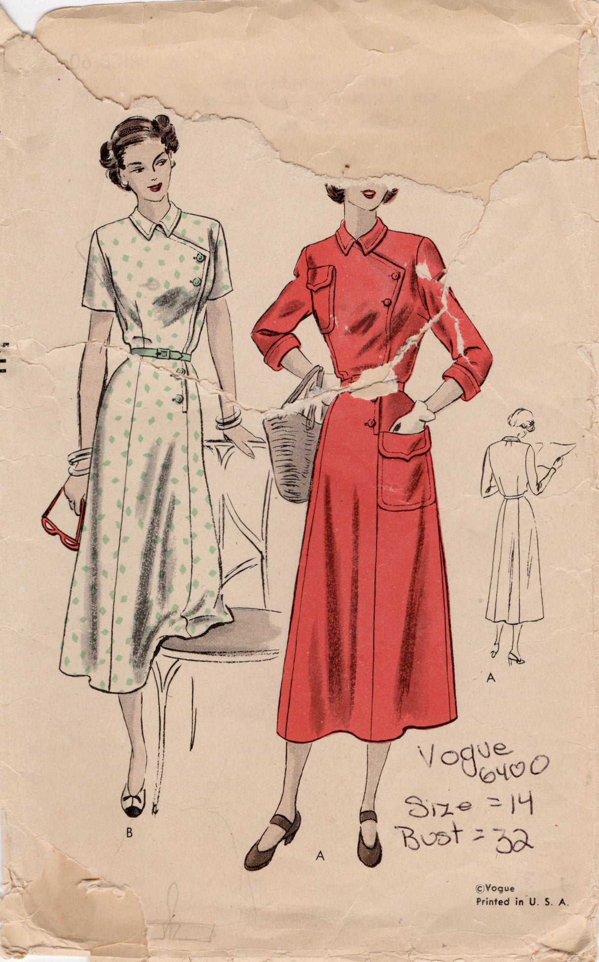 1940's Vogue Asymmetrical Front Dress Pattern with Pockets - Bust 32" - No. 6400