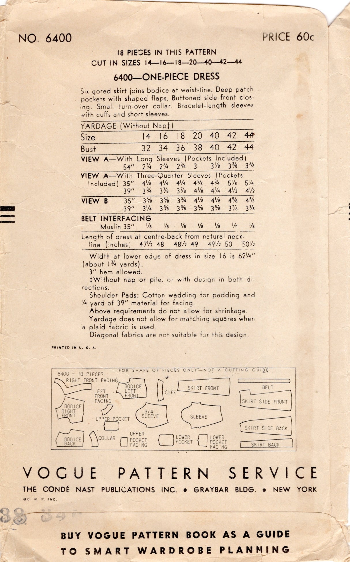 1940's Vogue Asymmetrical Front Dress Pattern with Pockets - Bust 32" - No. 6400