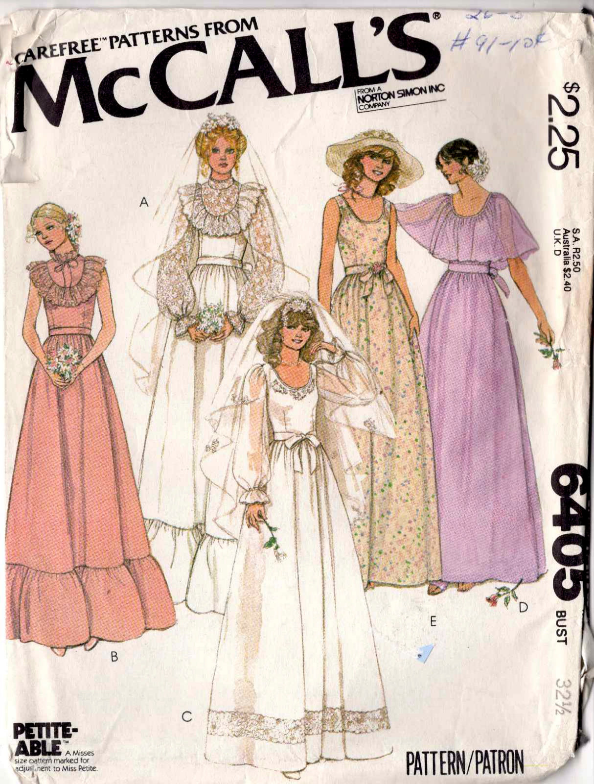 1970's McCall's Wedding or Bridesmaid Dress Pattern with Capelet - Bust 32.5" - No. 6405
