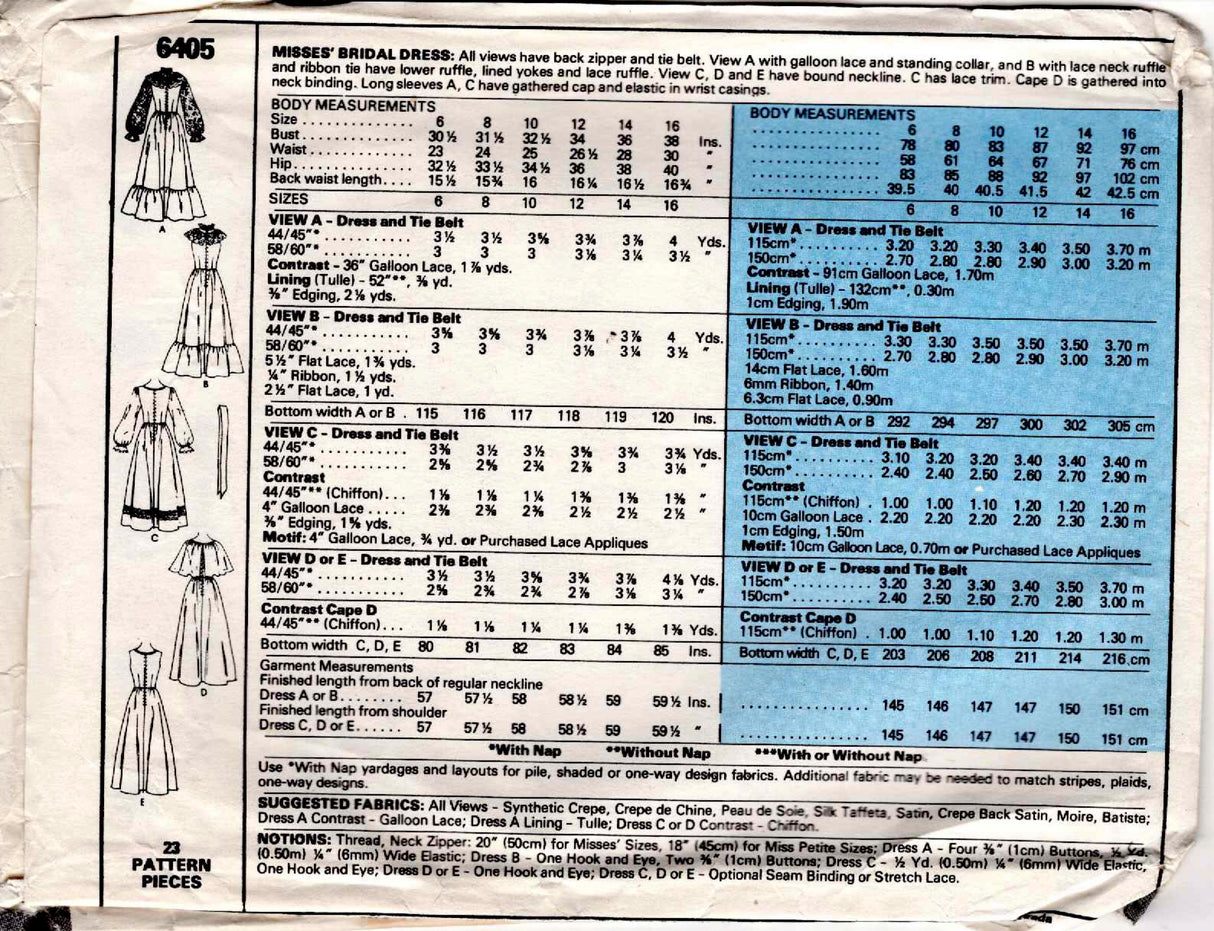 1970's McCall's Wedding or Bridesmaid Dress Pattern with Capelet - Bust 32.5" - No. 6405