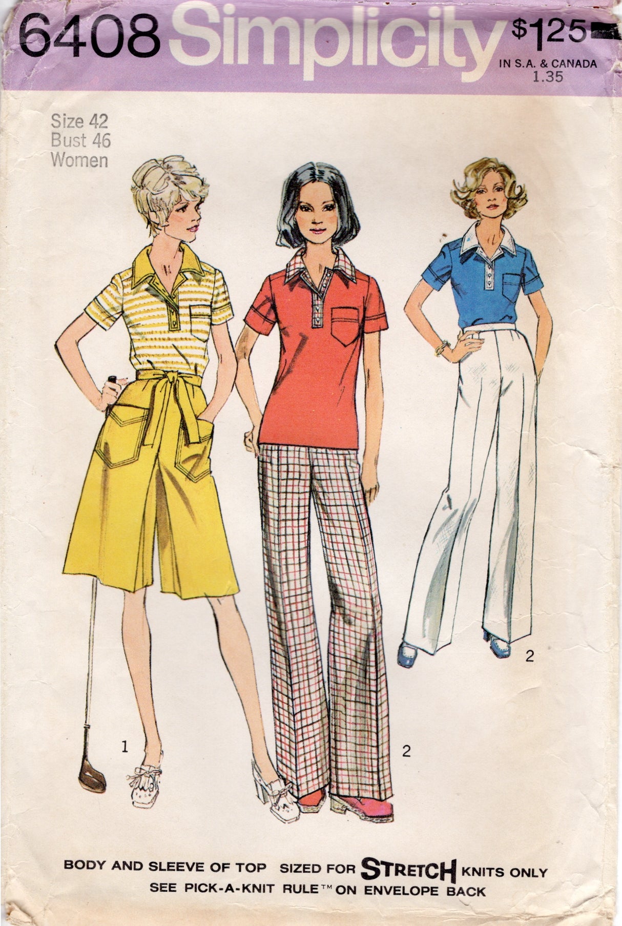 1970's Simplicity Pulllover Blouse, Pant-Skirt and Pants pattern - Bust 46" - No. 6408