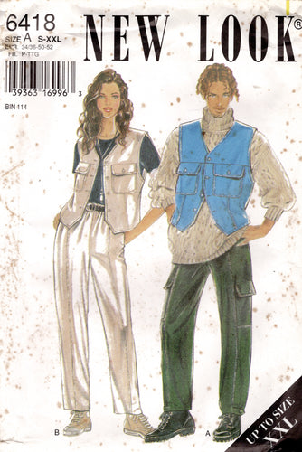 1990's New Look Unisex Button Up Vest and Cargo Pants pattern - Bust 34-52