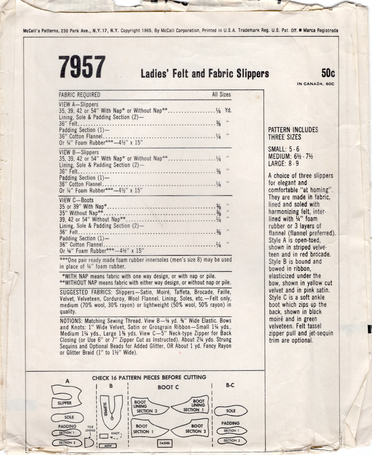 1960's McCall's Felt and Fabric Slippers Pattern - One size - No. 7957