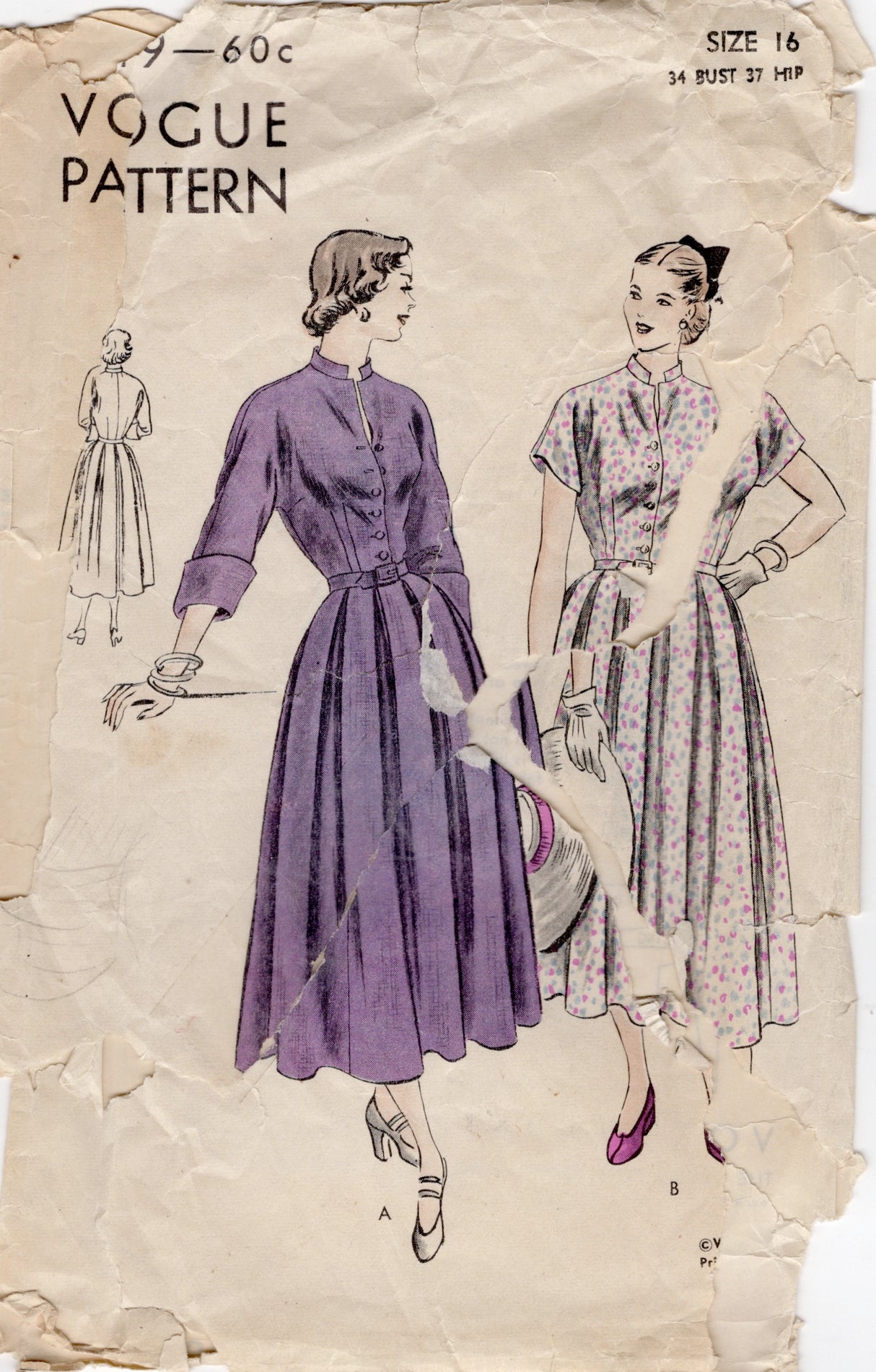 1940's Vogue Shirtwaist Dress with Softly Box Pleated Skirt Pattern - Bust 34" - No. 6419