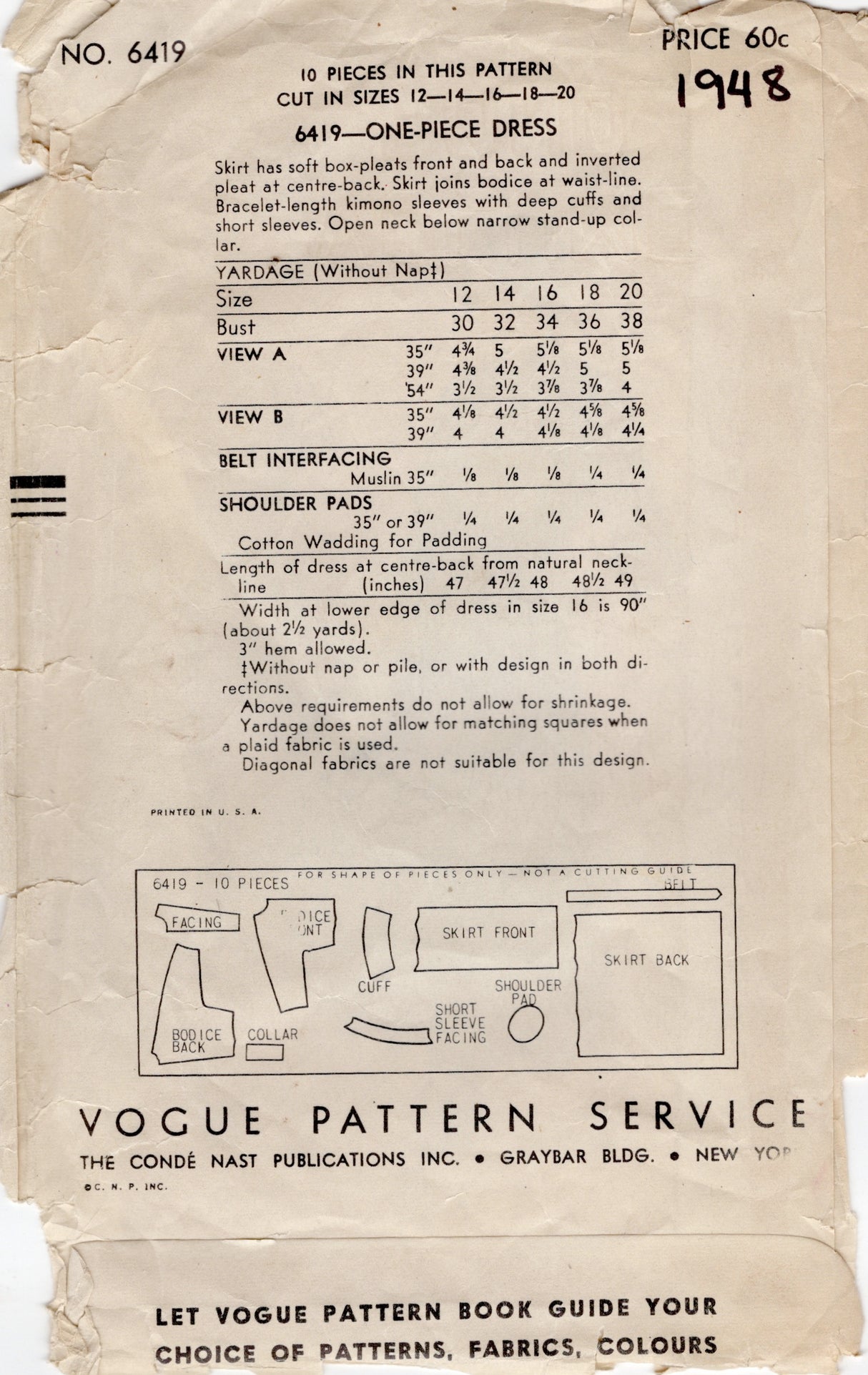 1940's Vogue Shirtwaist Dress with Softly Box Pleated Skirt Pattern - Bust 34" - No. 6419