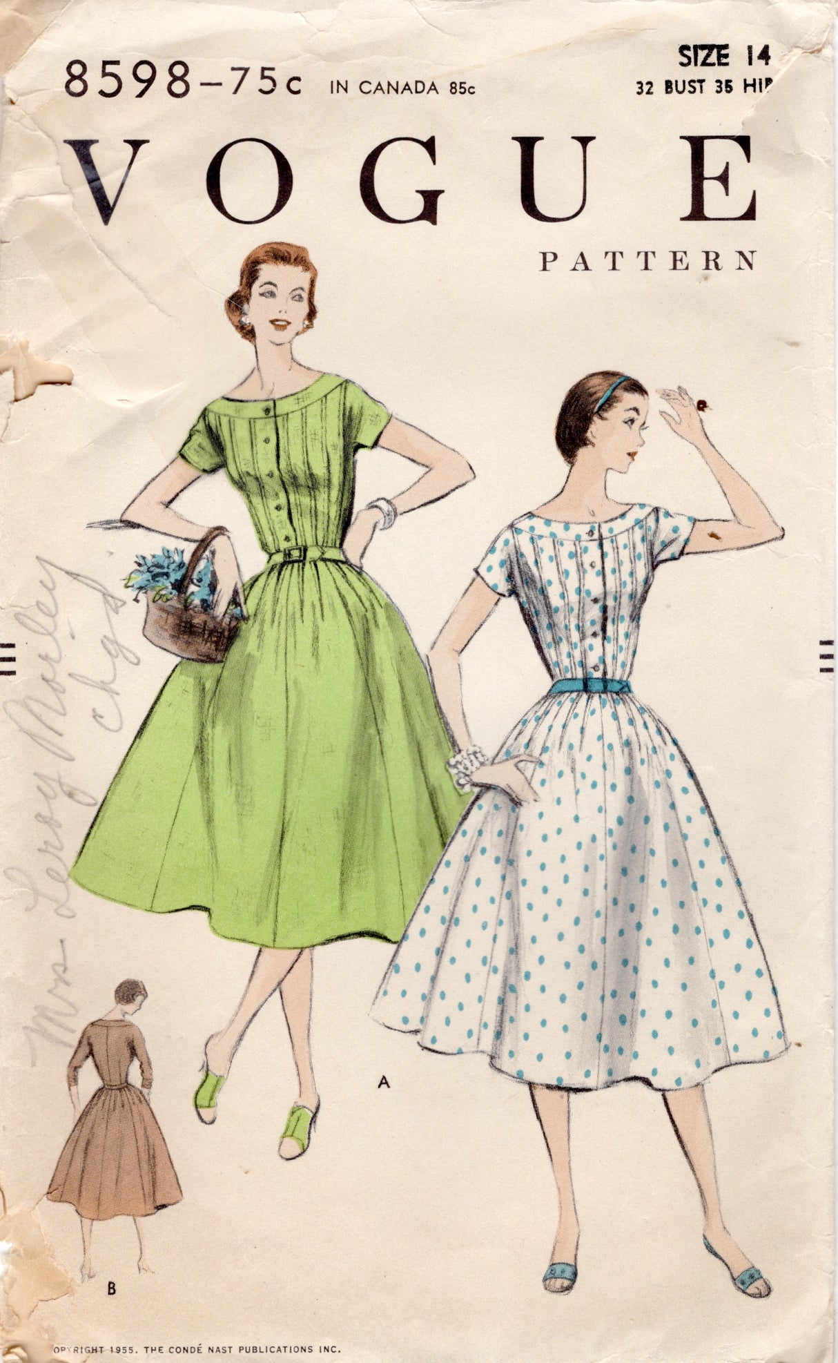 1950's Vogue Pin Tucked Boat Neck Shirtwaist Dress Pattern - Bust 32" - No. 8598