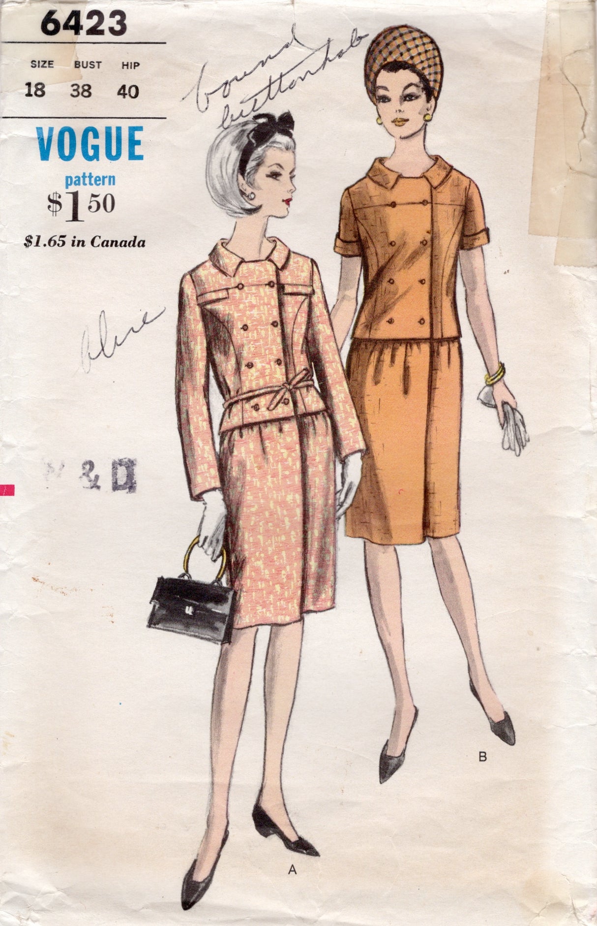 1960's Vogue Double Breasted Two-Piece Dress Pattern - Bust 38" - No. 6423