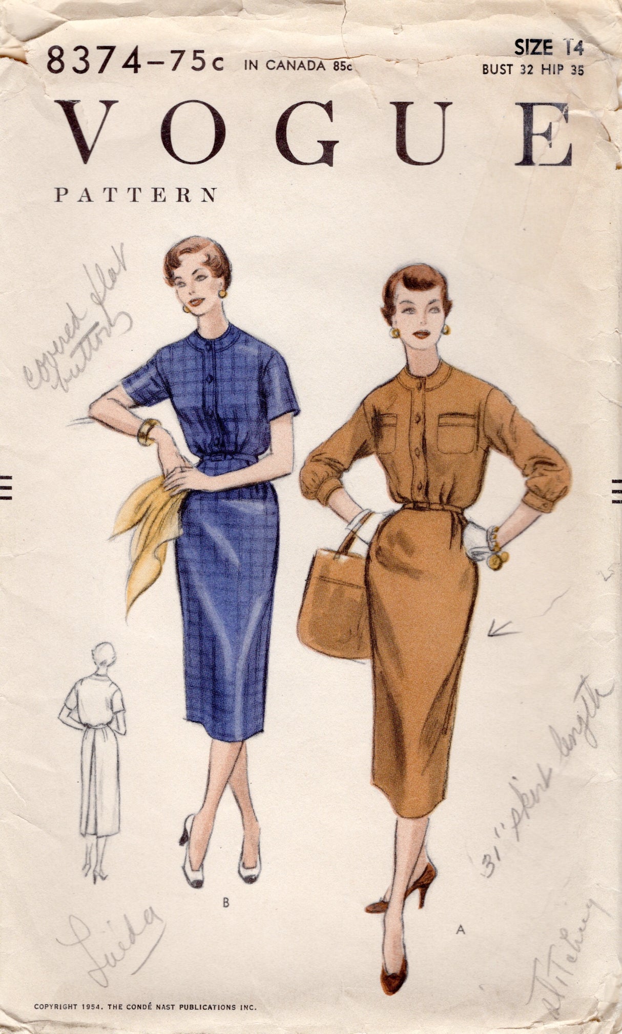 1950's Vogue Shirtwaist Sheath Dress Pattern - Bust 32" - No. 8374