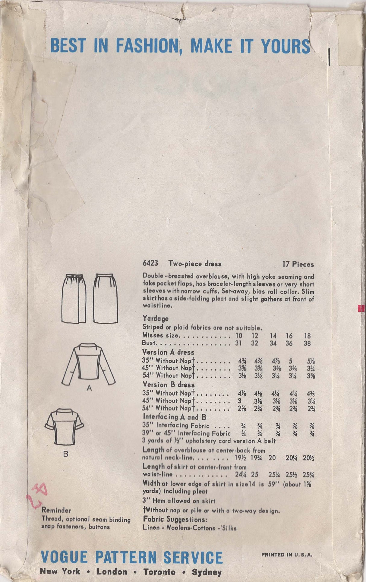 1960's Vogue Double Breasted Two-Piece Dress Pattern - Bust 38" - No. 6423