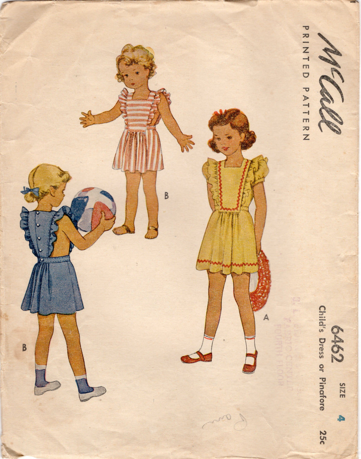 1940's McCall Child's One Piece Pinafore Dress with optional Side Panels and Sleeves Pattern - Sz 4 - Chest 23" - No. 6462