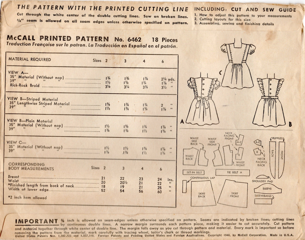 1940's McCall Child's One Piece Pinafore Dress with optional Side Panels and Sleeves Pattern - Sz 4 - Chest 23" - No. 6462