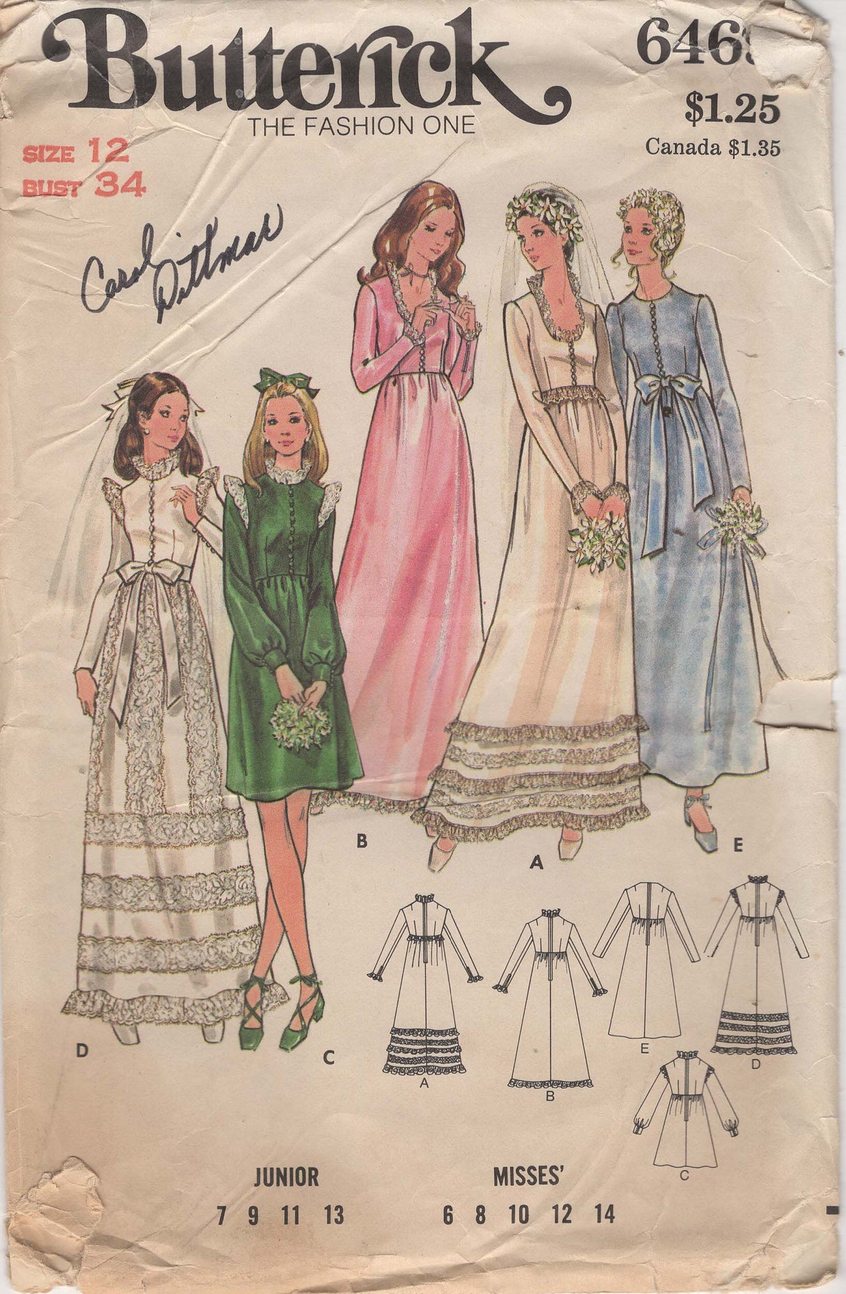 1970's Butterick Wedding or Bridesmaid Dress - Bust 32-34" - No. 6469