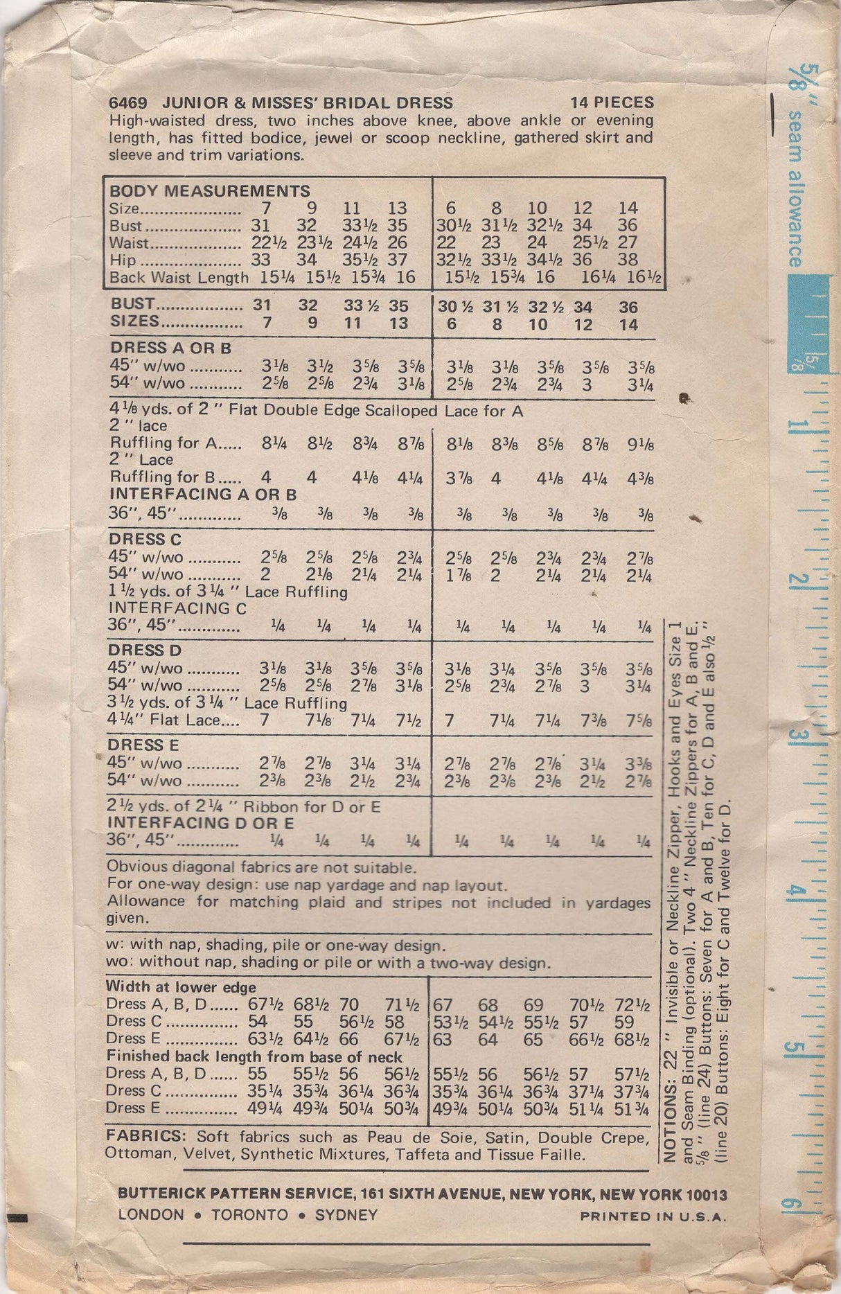 1970's Butterick Wedding or Bridesmaid Dress - Bust 32-34" - No. 6469