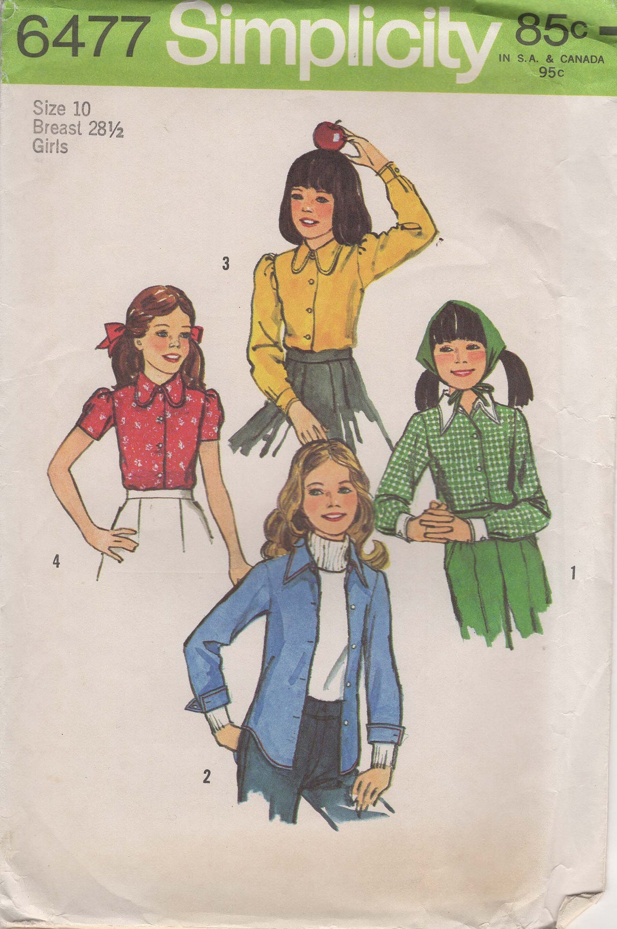 1970's Simplicity Child's Button Up Blouse with Short or Long Sleeves - Chest 28.5" - No. 6477