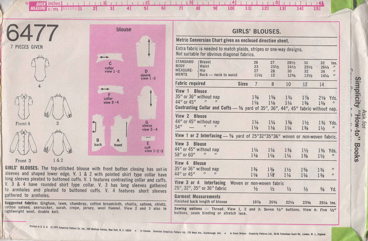 1970's Simplicity Child's Button Up Blouse with Short or Long Sleeves - Chest 28.5" - No. 6477