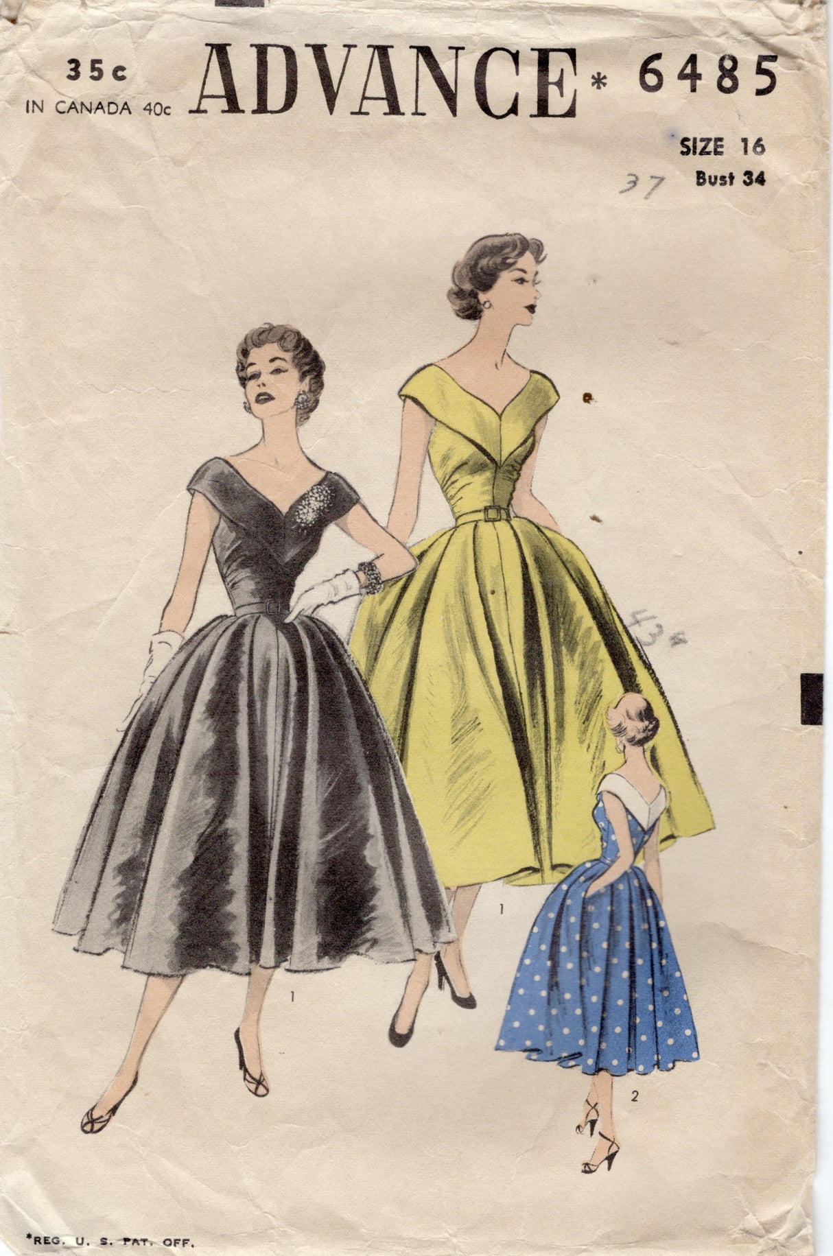 1950's Advance Off the Shoulder One Piece Dress Pattern with Gently Gathered Bodice - Bust 34" - No. 6485