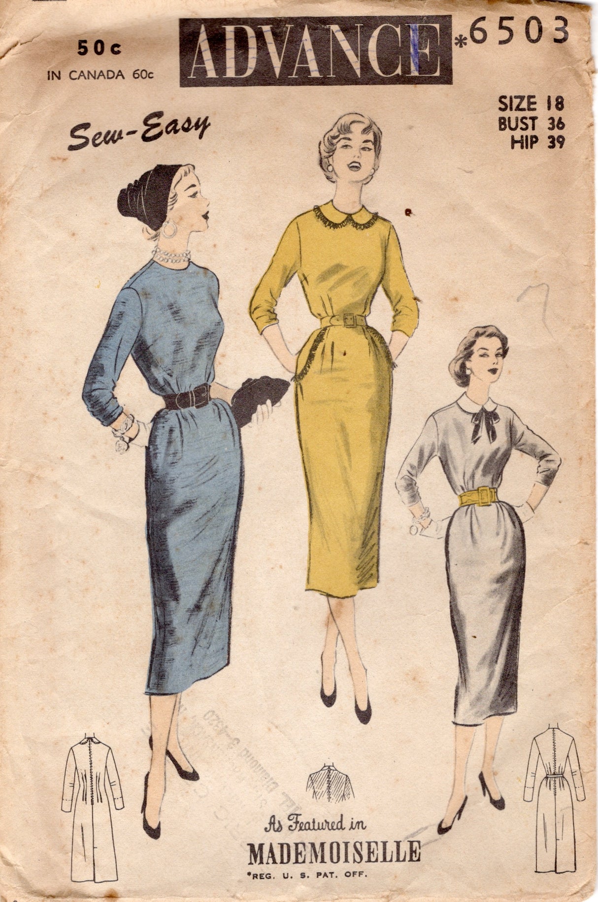 1950's Advance One-Piece Chemise Dress Pattern with Detachable Collar - Bust 36" - No. 6503