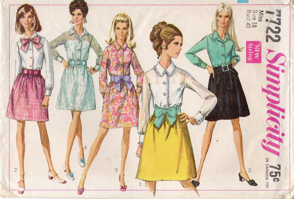 1960's Simplicity Shirtwaist Dress Pattern with Tie - Bust 40" - No. 7722
