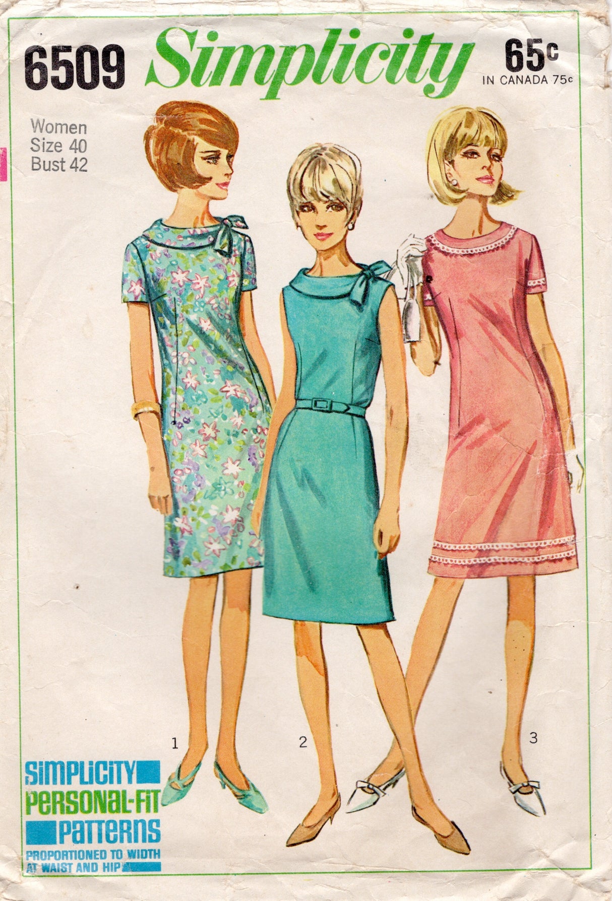 1960's Simplicity Sheath Dress Pattern with Tie Collar - Bust 42" - No. 6509