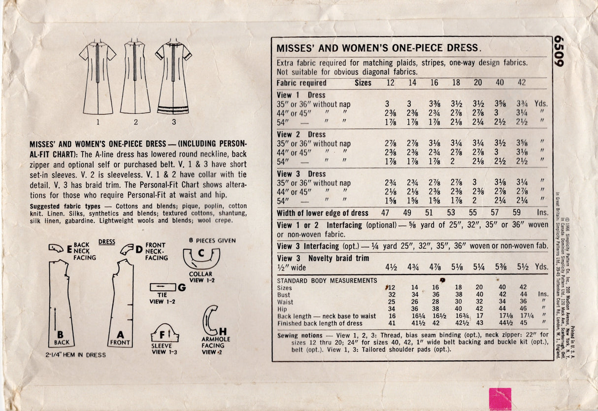 1960's Simplicity Sheath Dress Pattern with Tie Collar - Bust 42" - No. 6509
