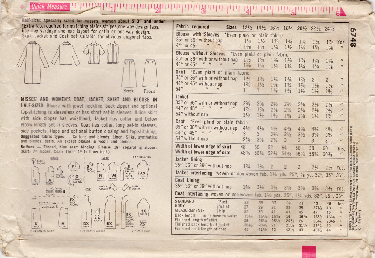 1960's Simplicity Coat, Blouse, and Skirt Pattern - Bust 41" - No. 6748