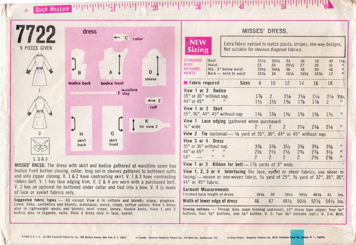 1960's Simplicity Shirtwaist Dress Pattern with Tie - Bust 40" - No. 7722