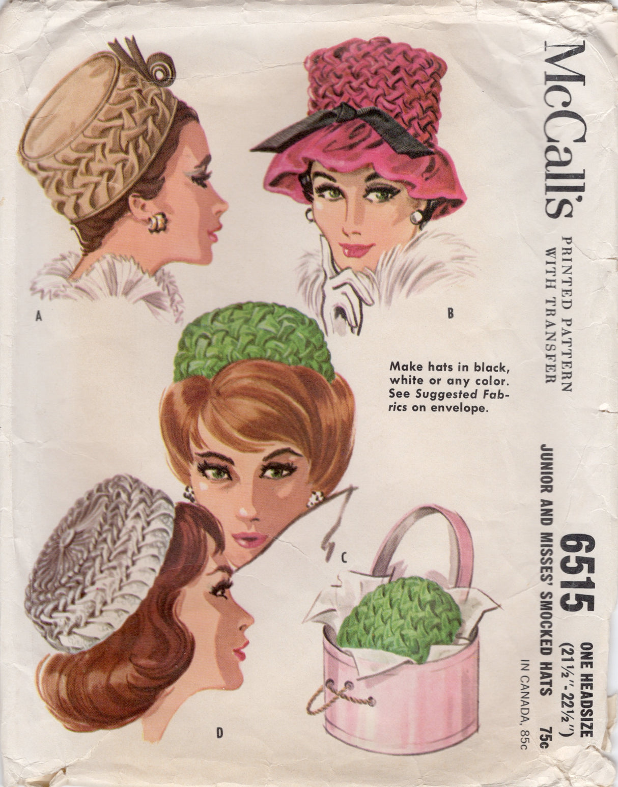 1960's McCall's Smocked Hats - Heads size 21.5-22.5" - No. 6515