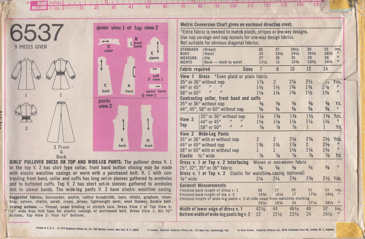 1970's Simplicity Child's Shirtwaist Dress or Tunic and Pants pattern - Bust 32" - No. 6537