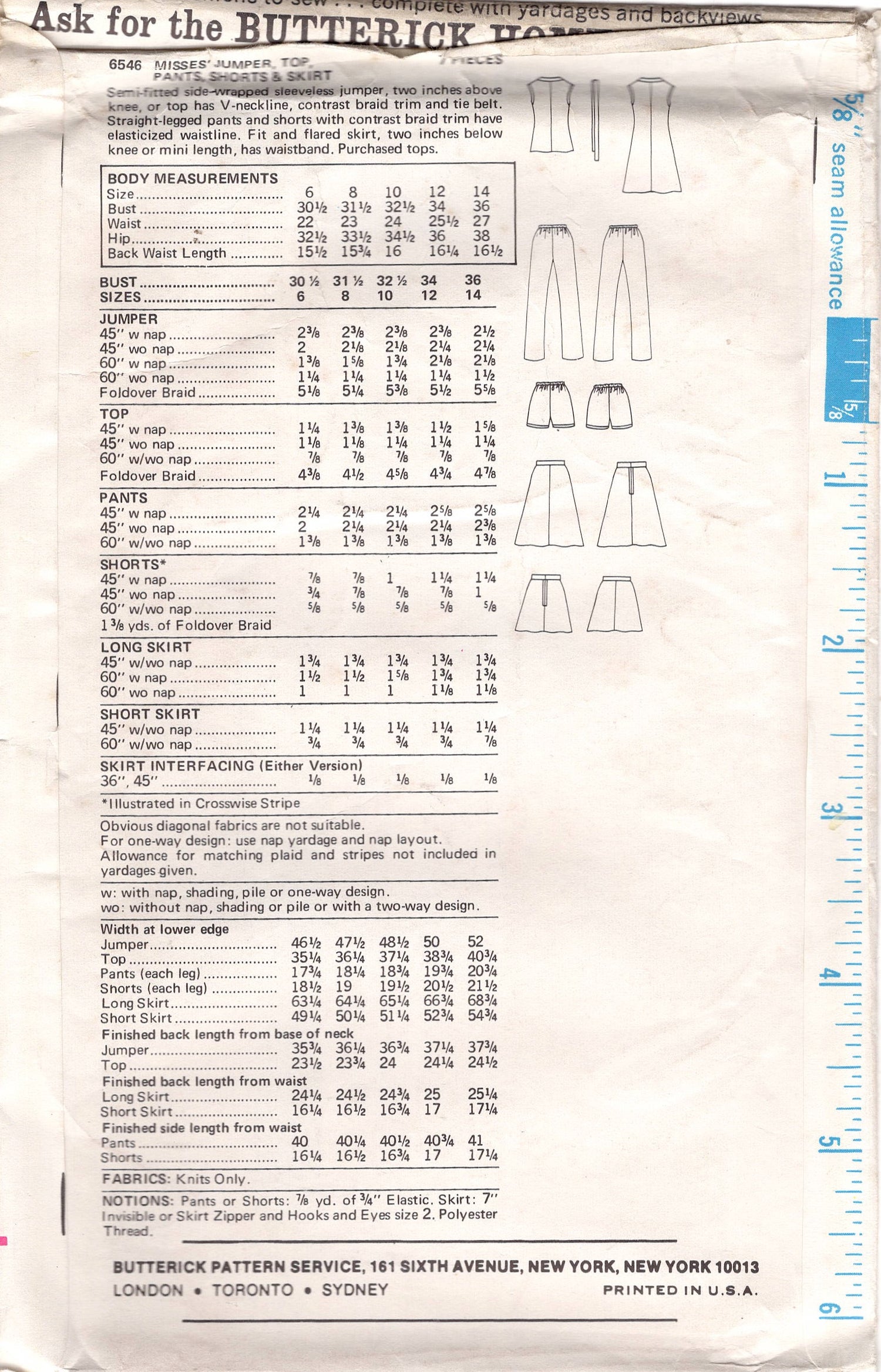 1970's Butterick Crossover Front Jumper Dress, High waisted pants or Shorts and A line Skirt Pattern - Bust 31.5" - No. 6546