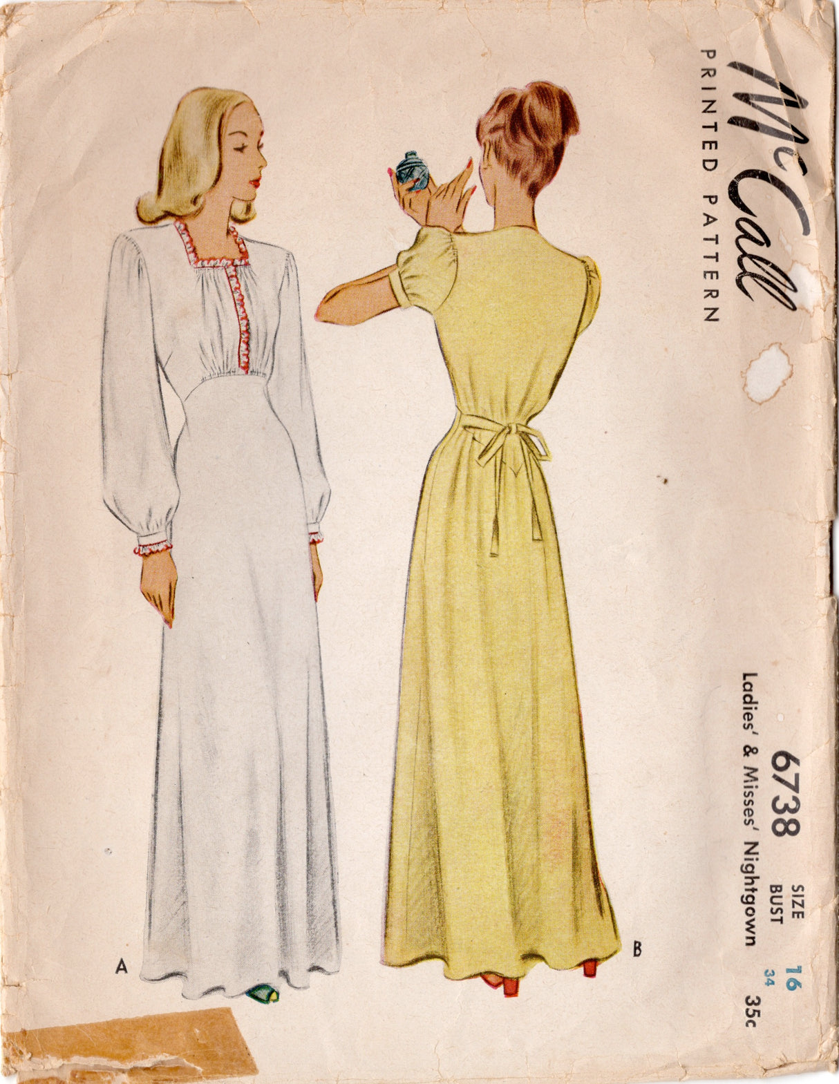 1940's McCall Long Nightgown Pattern - Bust 34" - No. 6738
