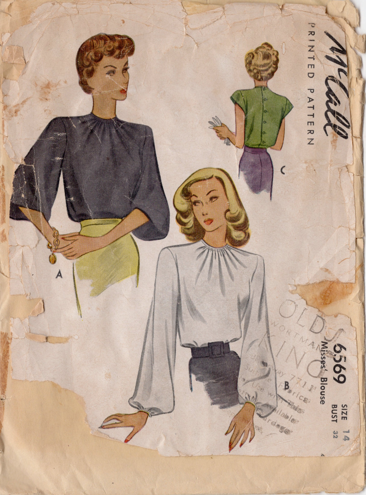 1940's McCall High Neckline Blouse with Short, Lantern or Long Sleeve Pattern - Bust 32" - No. 6569