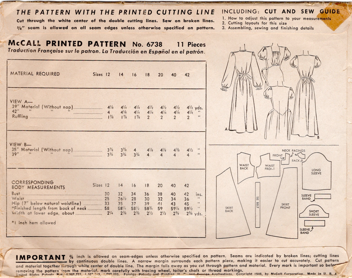 1940's McCall Long Nightgown Pattern - Bust 34" - No. 6738