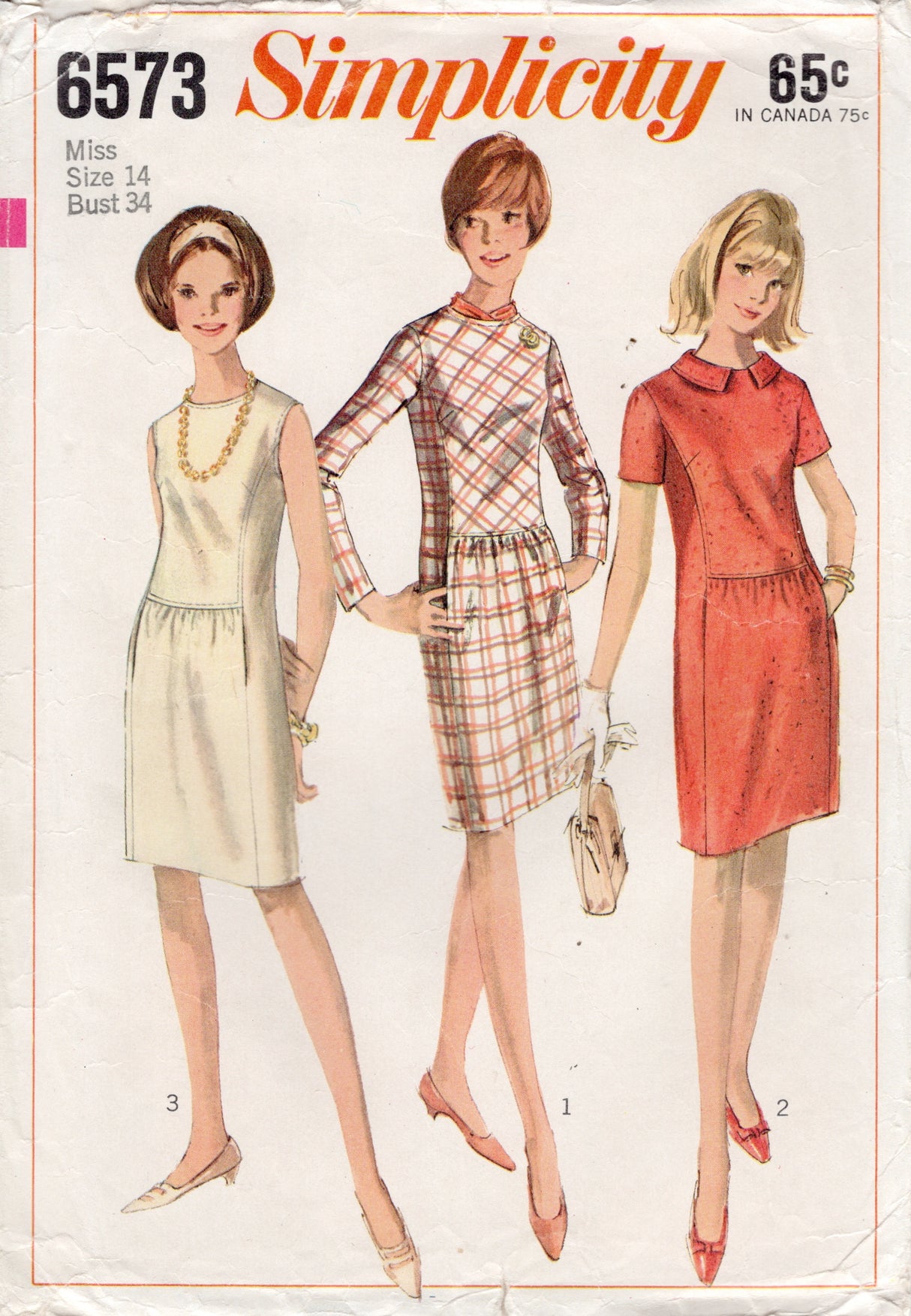 1960's Simplicity Princess Line Dress Pattern with Slightly Gathered Front Skirt and Pockets - Bust 34" - No. 6573