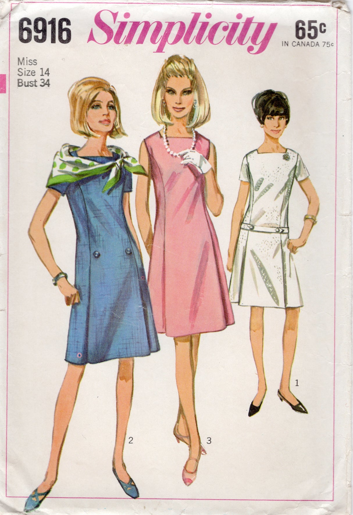 1960's Simplicity Princess Line Dress Pattern with Square Neckline and Belt Accent - Bust 34" - No. 6916