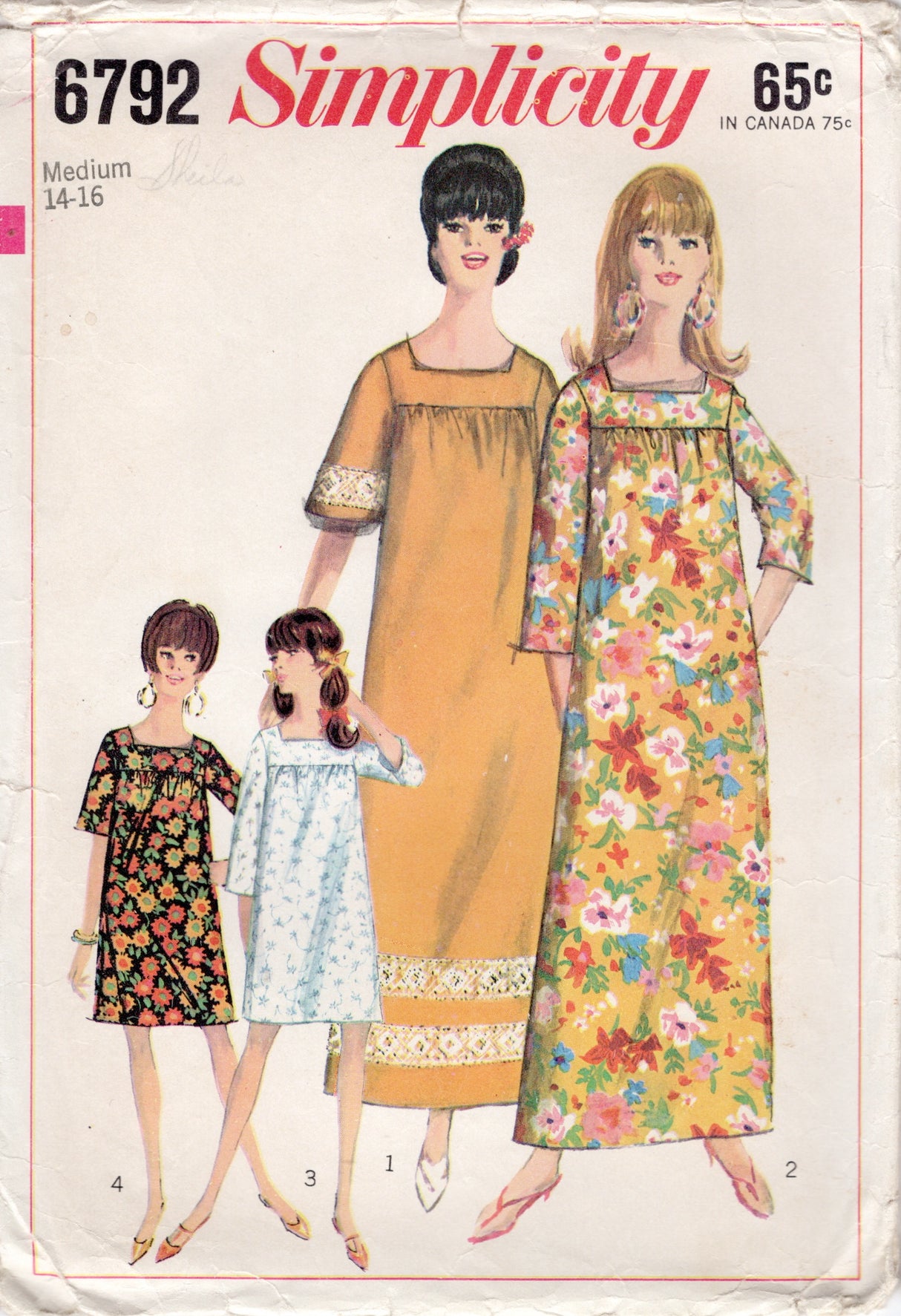 1960's Simplicity Muu-Muu Dress in Two Lengths - Bust 34-36" - No. 6792