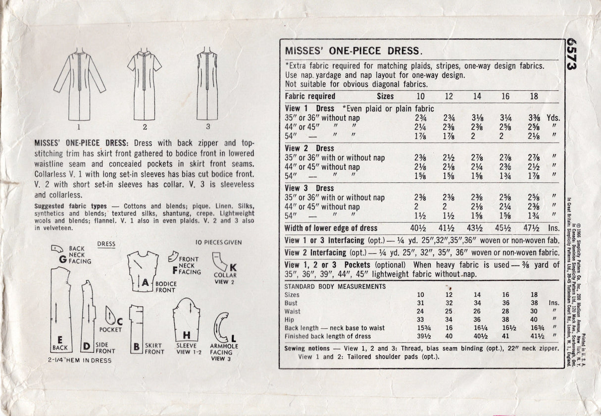 1960's Simplicity Princess Line Dress Pattern with Slightly Gathered Front Skirt and Pockets - Bust 34" - No. 6573