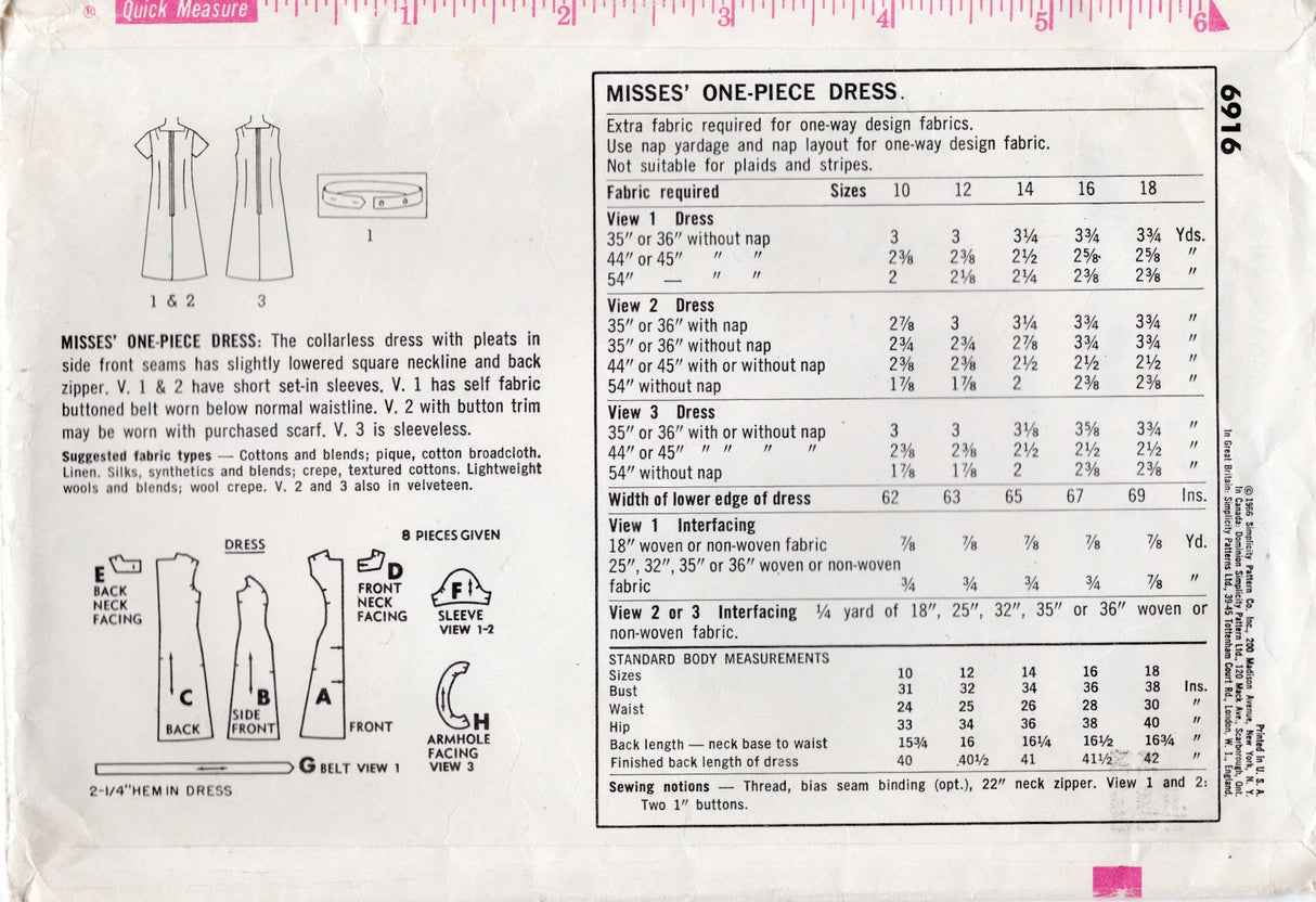 1960's Simplicity Princess Line Dress Pattern with Square Neckline and Belt Accent - Bust 34" - No. 6916