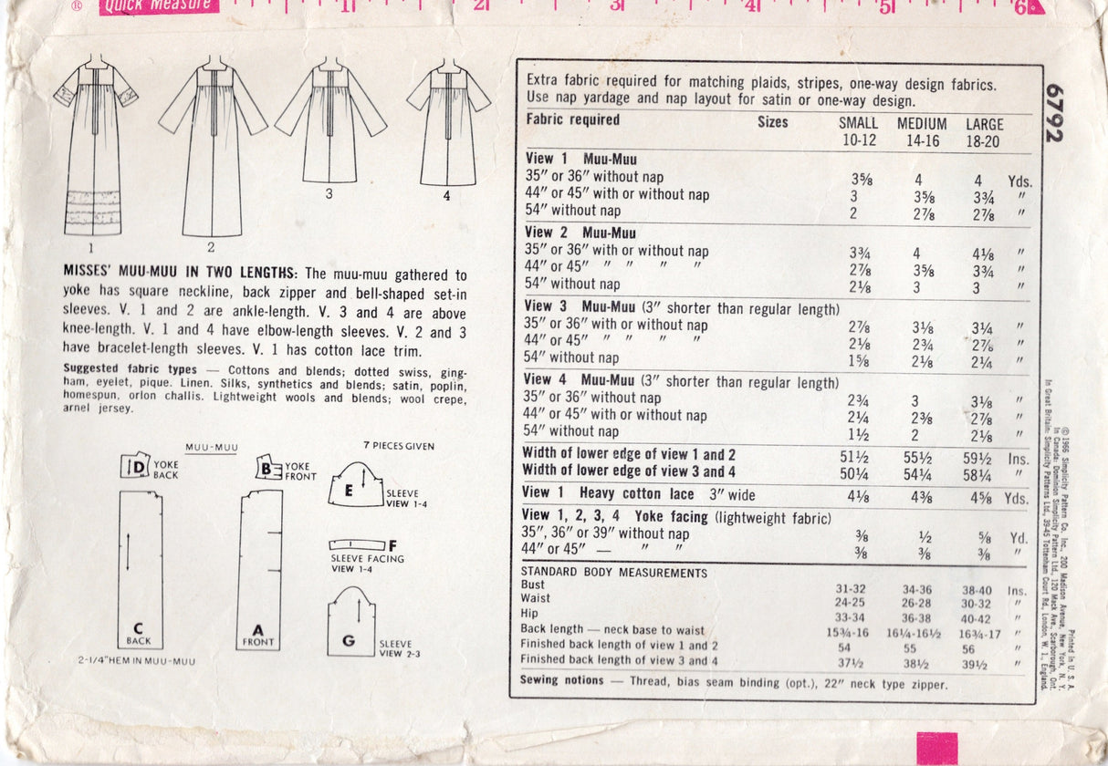 1960's Simplicity Muu-Muu Dress in Two Lengths - Bust 34-36" - No. 6792