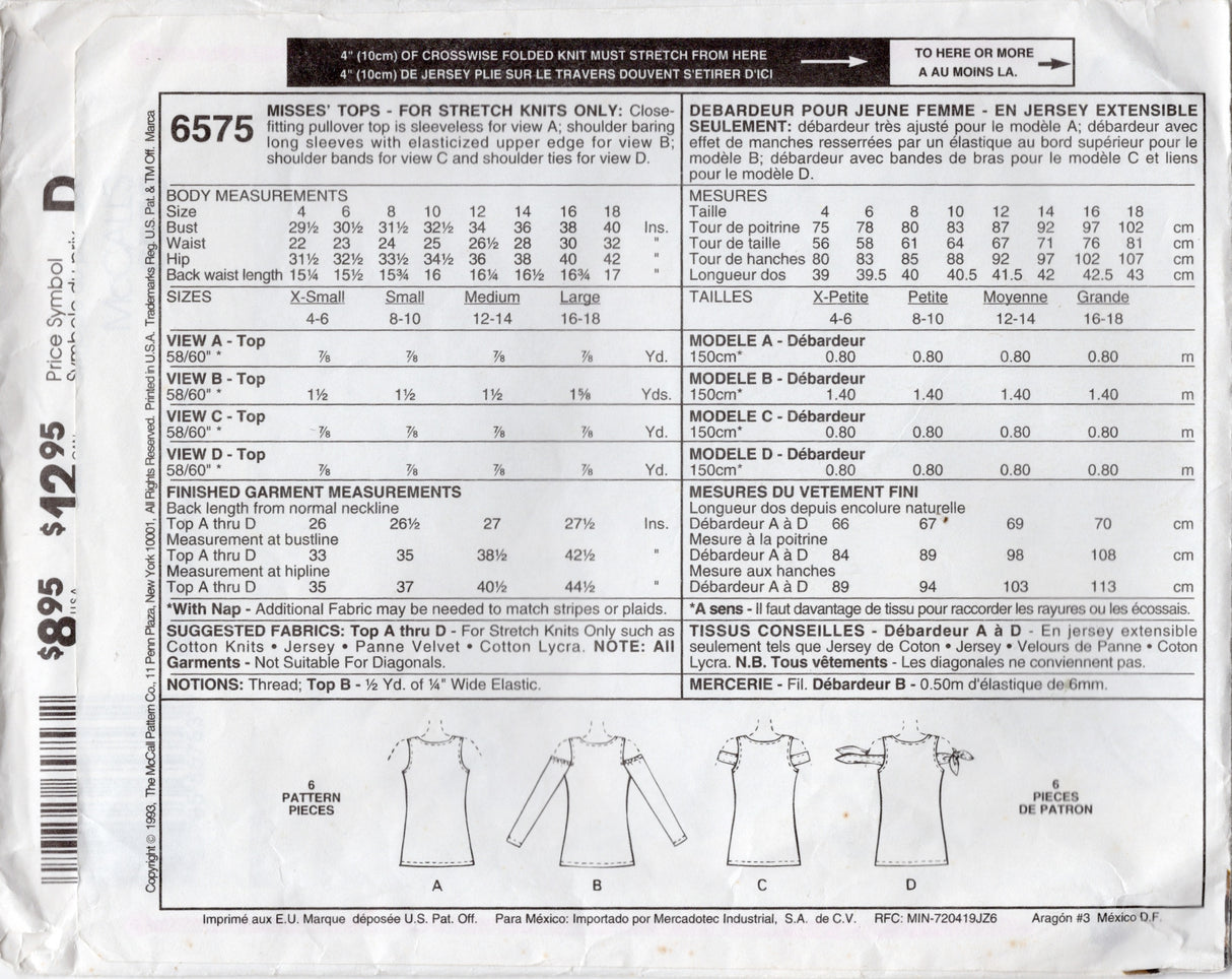 1990's McCall's Cold Shoulder Shirt pattern - Bust 34-36" - No. 6575