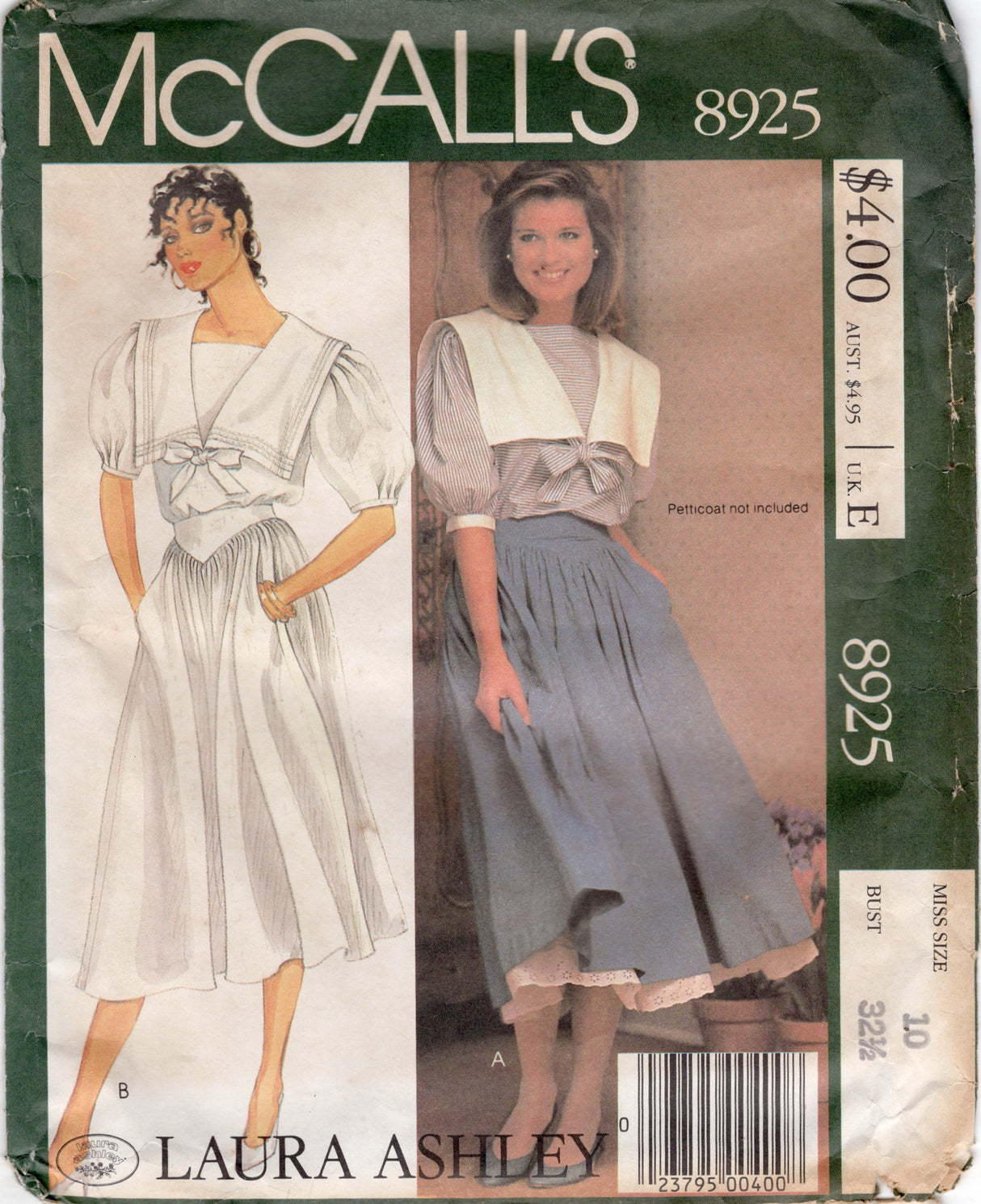 1980's McCall's Laura Ashley Sailor Top and Gathered Skirt with Yoke - Bust 32.5" - No. 8925