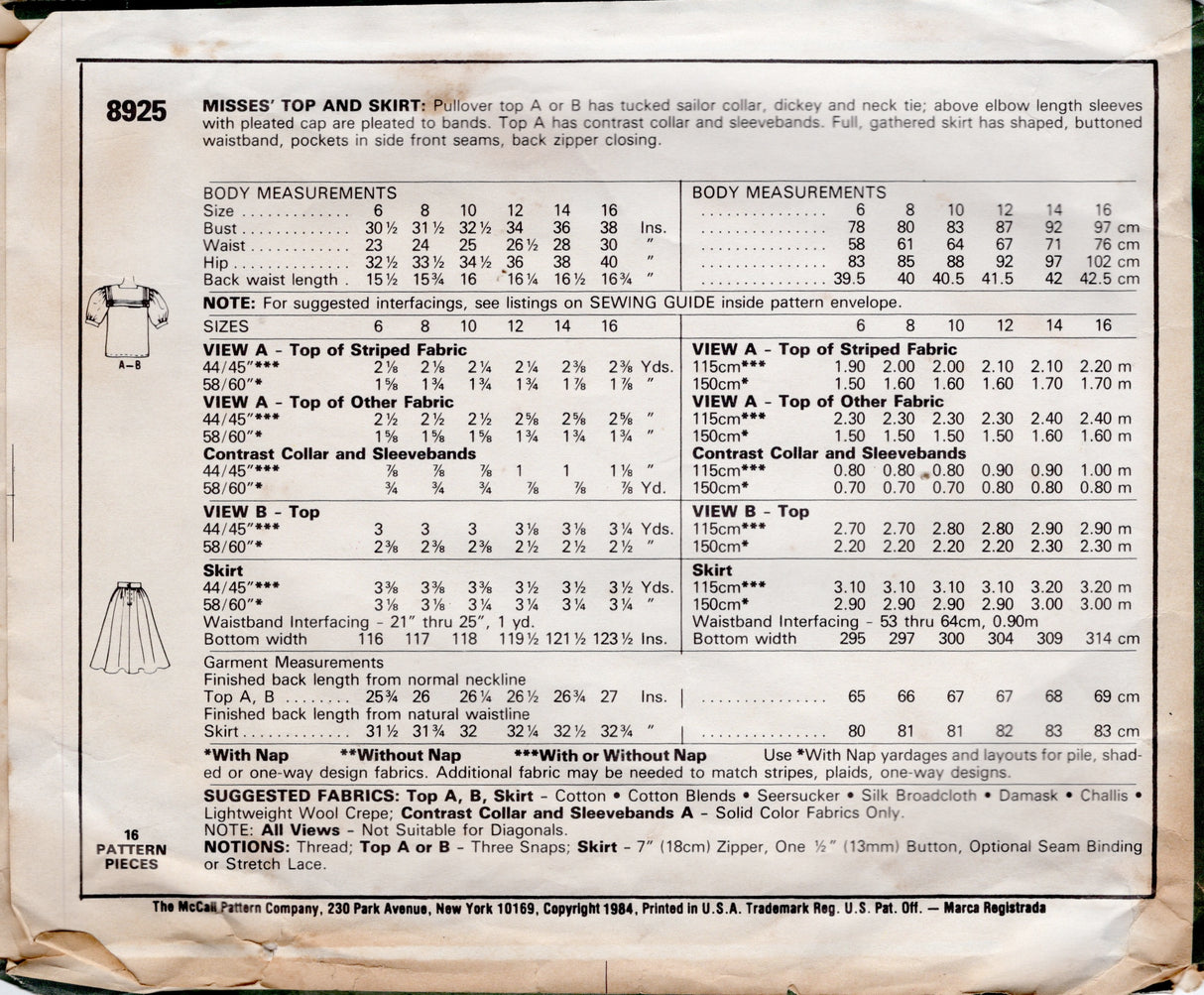 1980's McCall's Laura Ashley Sailor Top and Gathered Skirt with Yoke - Bust 32.5" - No. 8925