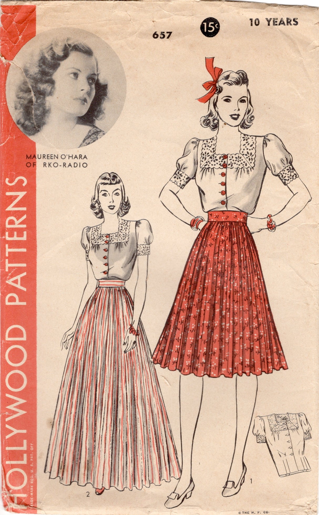 1940's Hollywood Square Neckline Blouse and Pleated Skirt Pattern - Bust 28" - No. 657