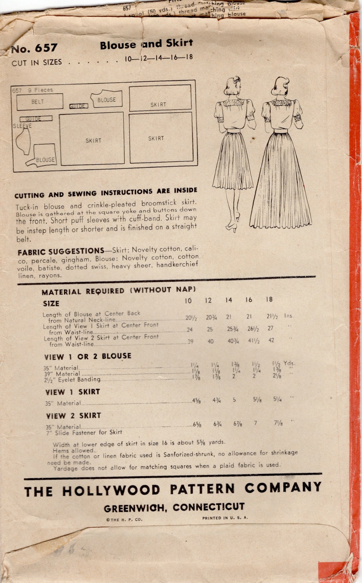 1940's Hollywood Square Neckline Blouse and Pleated Skirt Pattern - Bust 28" - No. 657
