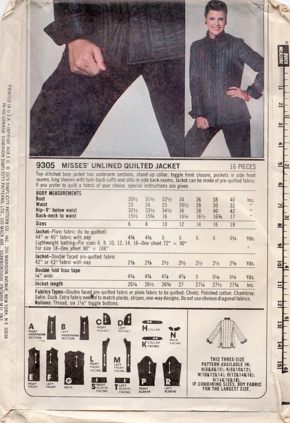 1970's Simplicity Unlined Quilted Jacket Pattern - Bust 31.5-34" - No. 9305