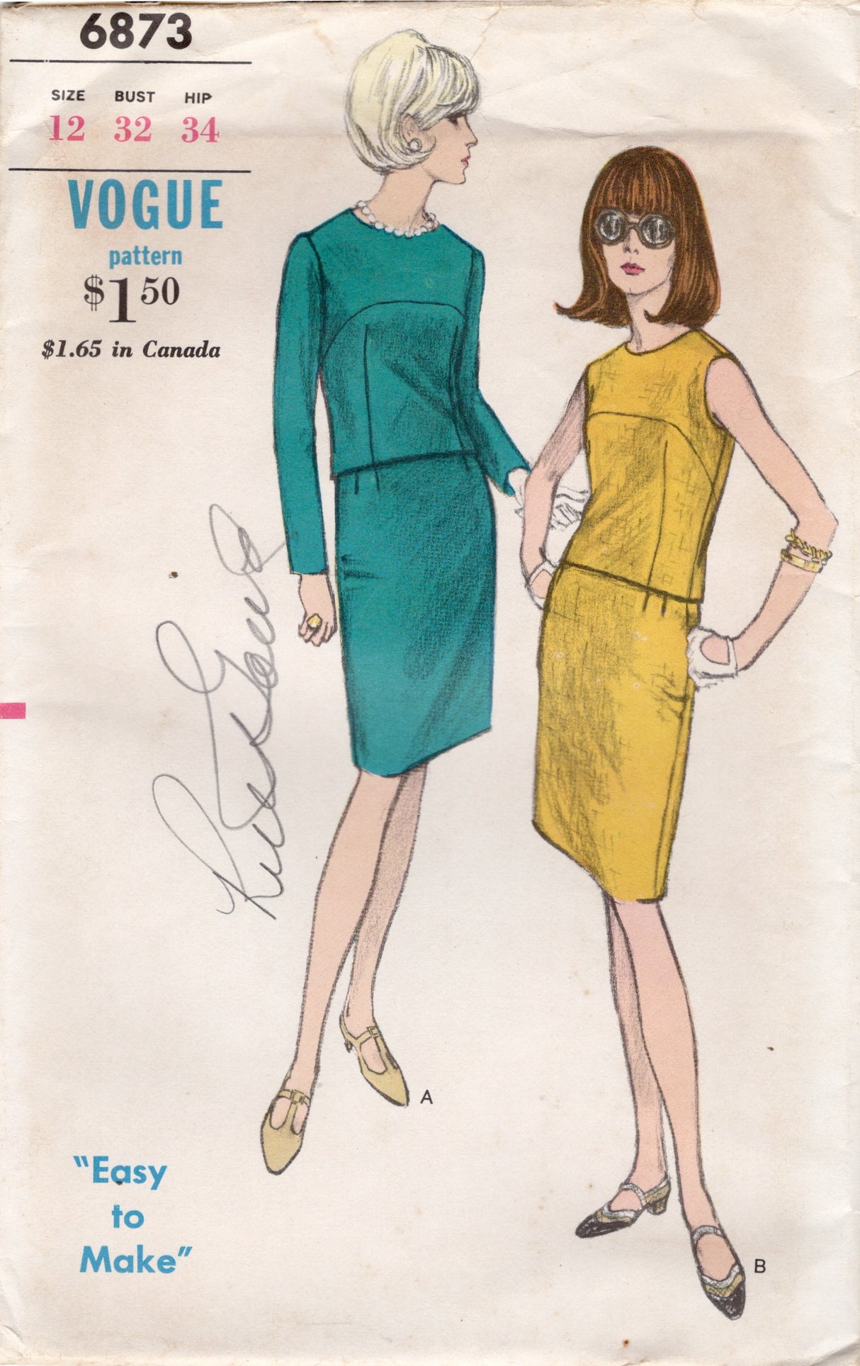 1960's Vogue Two Piece Dress Pattern with Rounded Yoke - Bust 32" - No. 6873