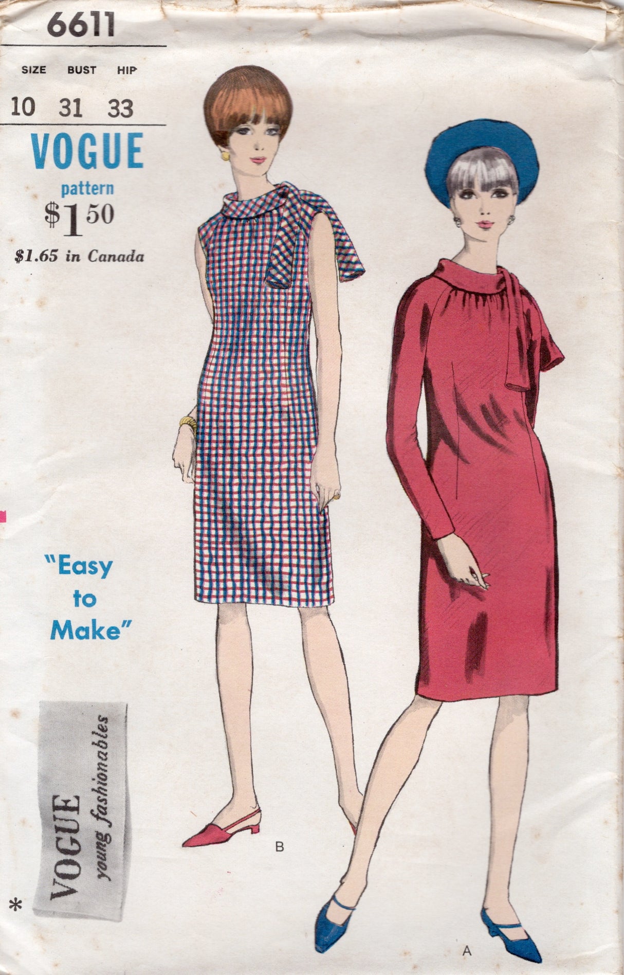 1960's Vogue Sheath Dress Pattern with Rolled Collar - Bust 31" - No. 6611