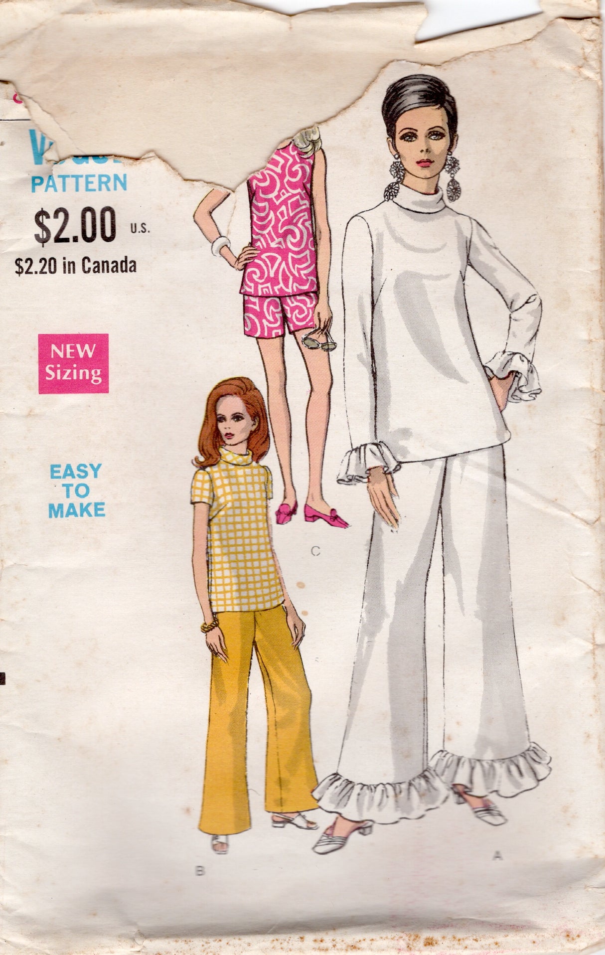 1960's Vogue Overblouse, Shorts and Pants Pattern with optional Ruffles - Bust 31.5" - No. 7359
