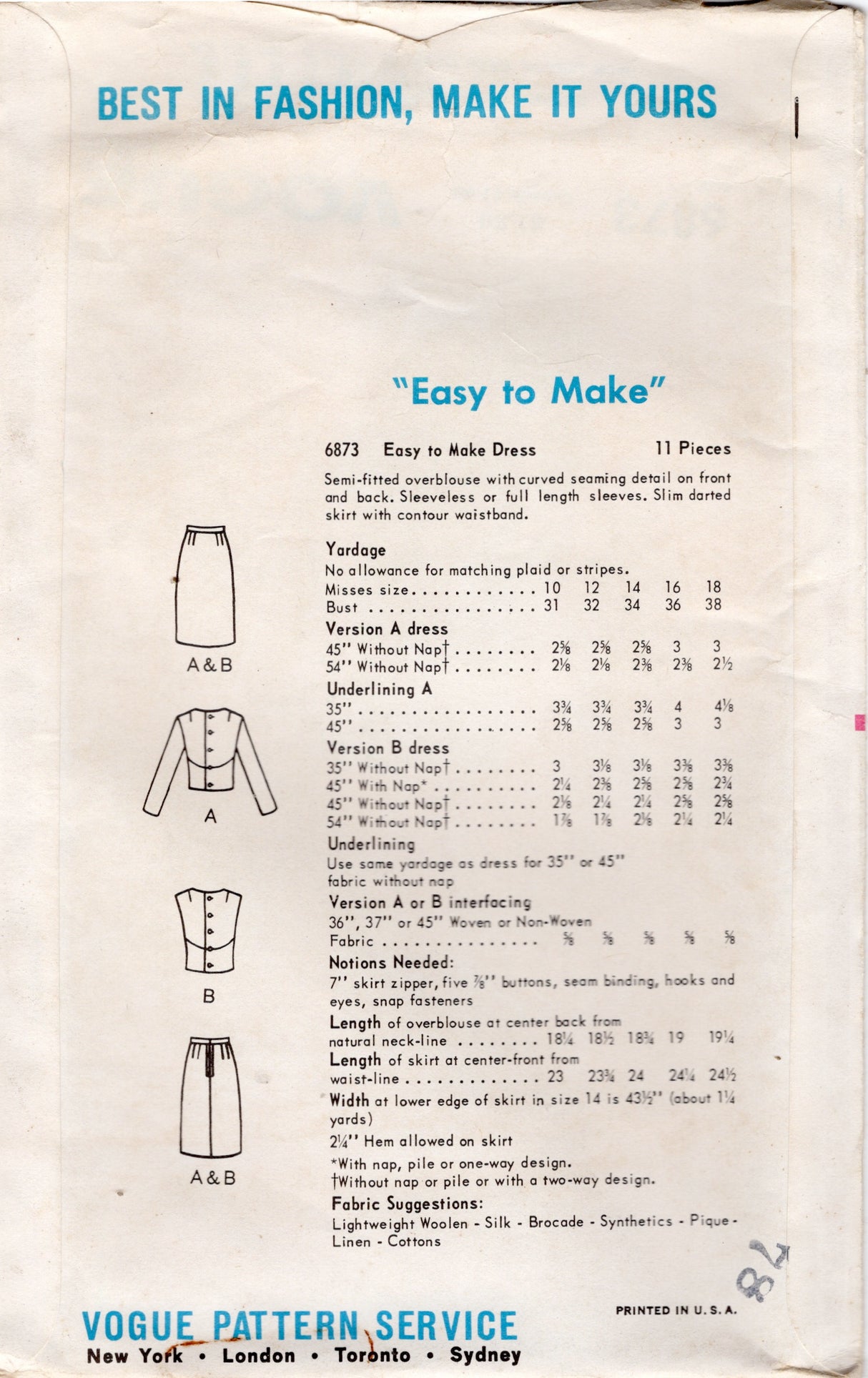 1960's Vogue Two Piece Dress Pattern with Rounded Yoke - Bust 32" - No. 6873